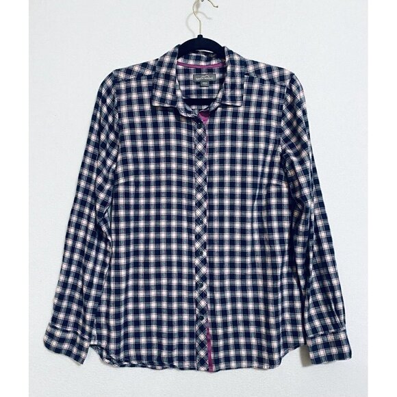 Eddie Bauer Top Womens Medium Plaid Button Up Flannel Pink Blue Cotton - Picture 1 of 7